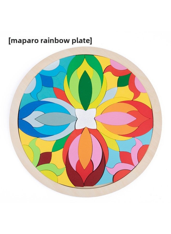 Children's Wooden Early Education Fun Jigsaw Puzzle Rainbow Building Blocks Large Disc Variety Modeling Puzzle Puzzle Puzzle Educational Toys-Color:Mandala Rainbow Plate - Image 1